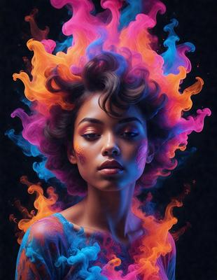 The primary subject of the image is a woman with a colorful, artistic hairstyle. She has a mix of blue, pink, and orange hair, which gives her a unique and vibrant appearance. The setting is a colorful background, which complements the woman's hair and adds to the overall visual style of the image. The visual style is a combination of digital art and illustration, creating a striking and eye-catching portrait. The colors and mood of the image are lively and energetic